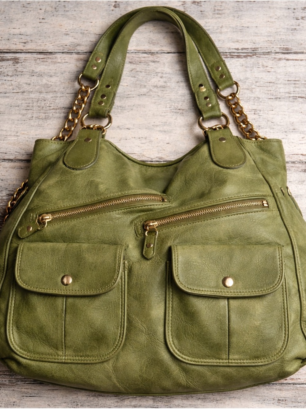 Arlo Olive Green Leather Shoulder Bag Gold Chain Strap Slouchy Hobo Luxe